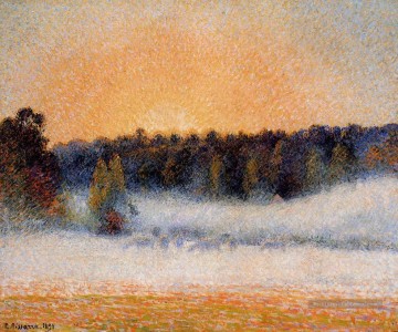  soleil Peintre - Coucher du soleil et du brouillard Eragny 1891 Camille Pissarro